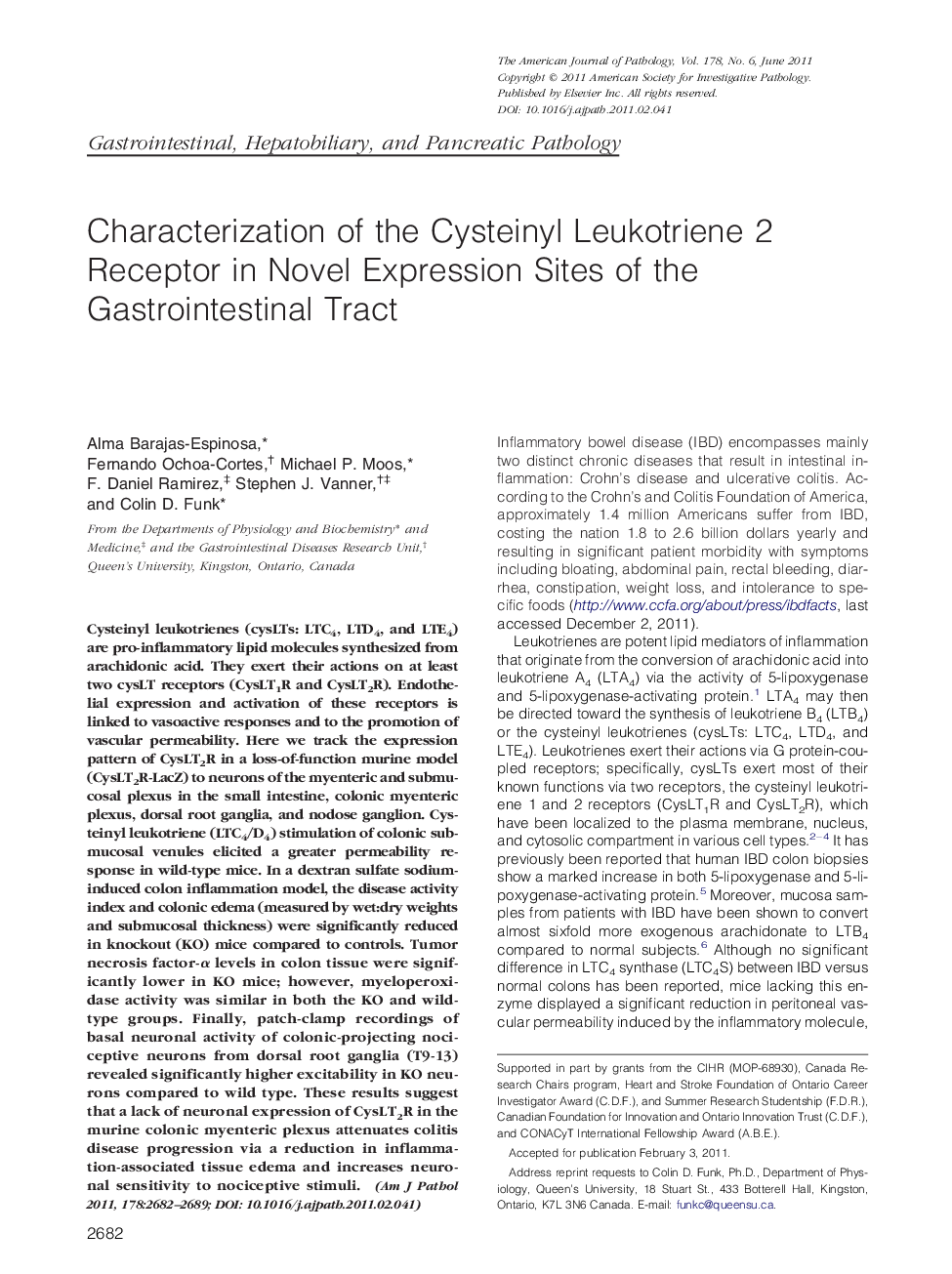 Characterization of the Cysteinyl Leukotriene 2 Receptor in Novel Expression Sites of the Gastrointestinal Tract
