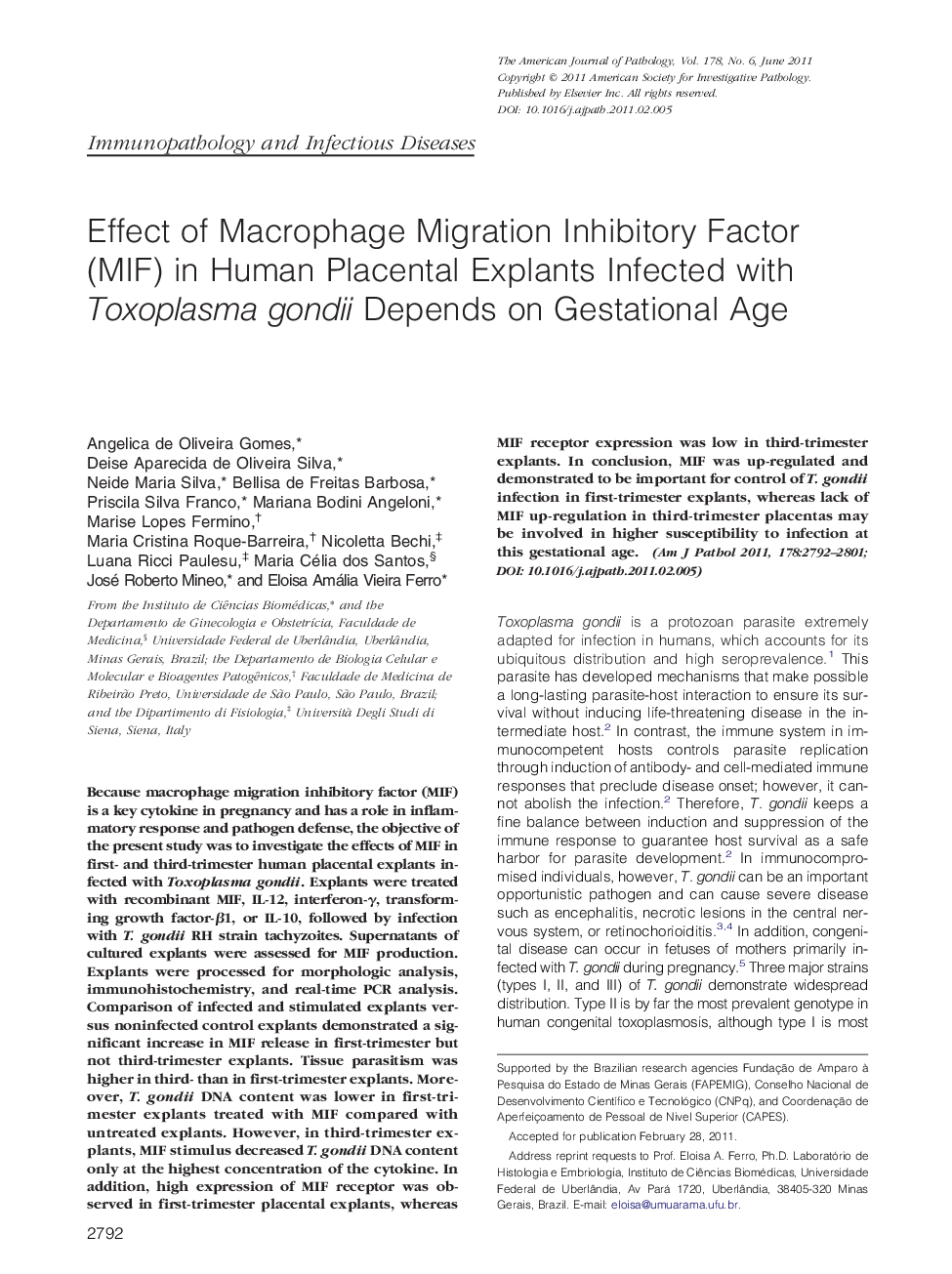 Effect of Macrophage Migration Inhibitory Factor (MIF) in Human Placental Explants Infected with Toxoplasma gondii Depends on Gestational Age