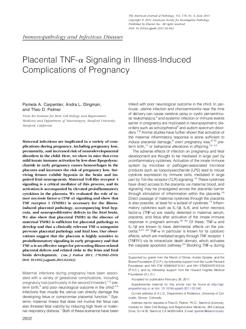 Regular articleImmunopathology and infectious diseasePlacental TNF-Î± Signaling in Illness-Induced Complications of Pregnancy