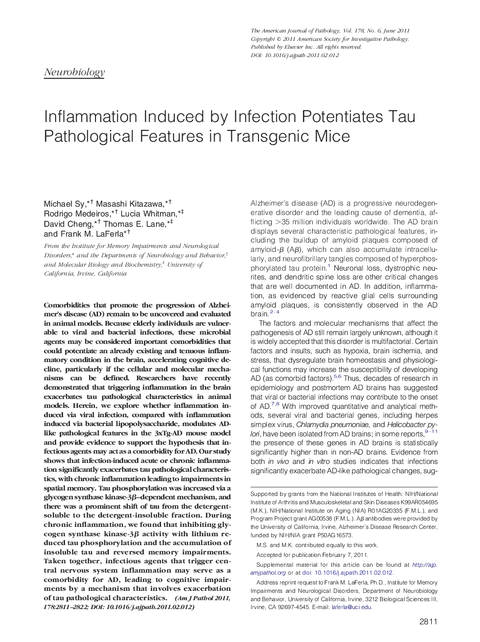 Regular articleNeurobiologyInflammation Induced by Infection Potentiates Tau Pathological Features in Transgenic Mice