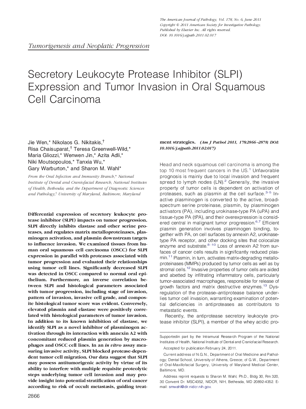 Secretory Leukocyte Protease Inhibitor (SLPI) Expression and Tumor Invasion in Oral Squamous Cell Carcinoma
