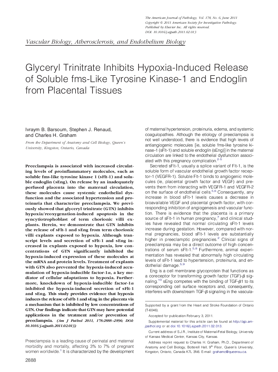 Glyceryl Trinitrate Inhibits Hypoxia-Induced Release of Soluble fms-Like Tyrosine Kinase-1 and Endoglin from Placental Tissues