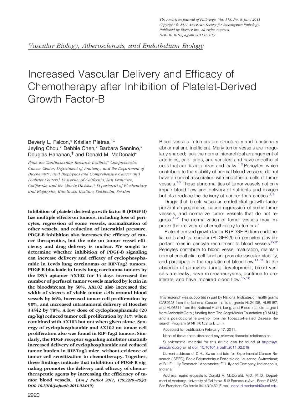 Increased Vascular Delivery and Efficacy of Chemotherapy after Inhibition of Platelet-Derived Growth Factor-B