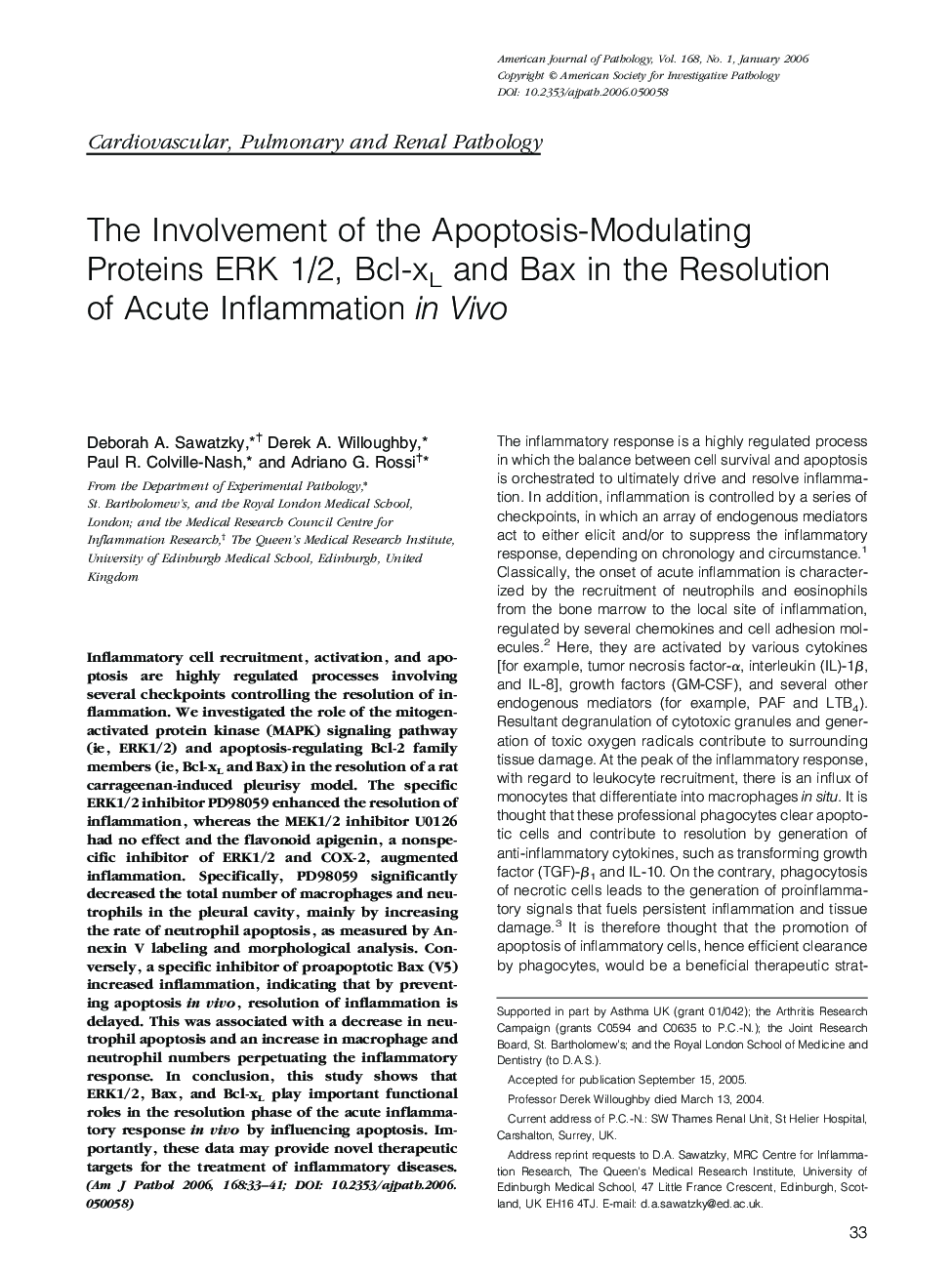 The Involvement of the Apoptosis-Modulating Proteins ERK 1/2, Bcl-xL and Bax in the Resolution of Acute Inflammation in Vivo