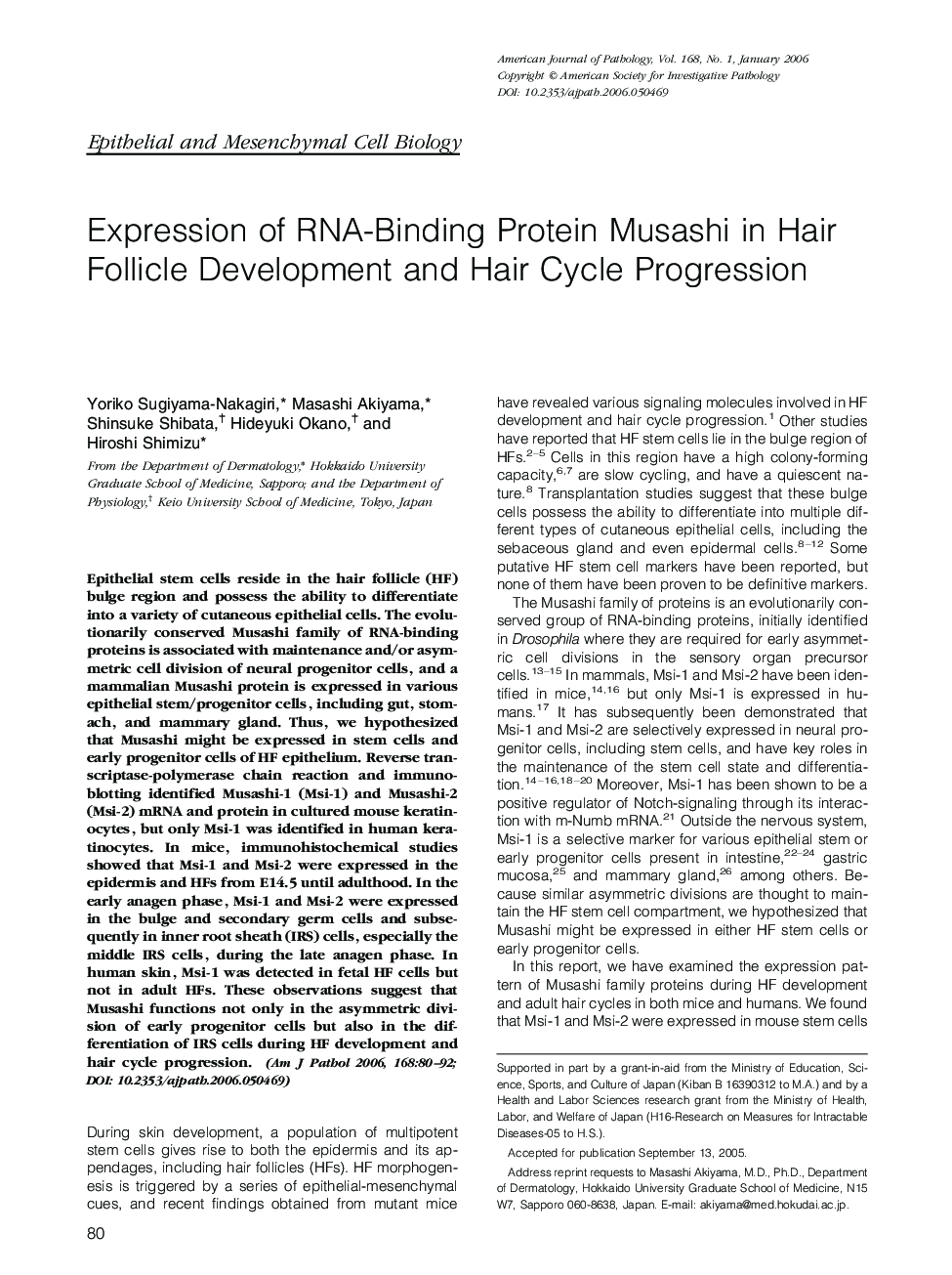 Expression of RNA-Binding Protein Musashi in Hair Follicle Development and Hair Cycle Progression
