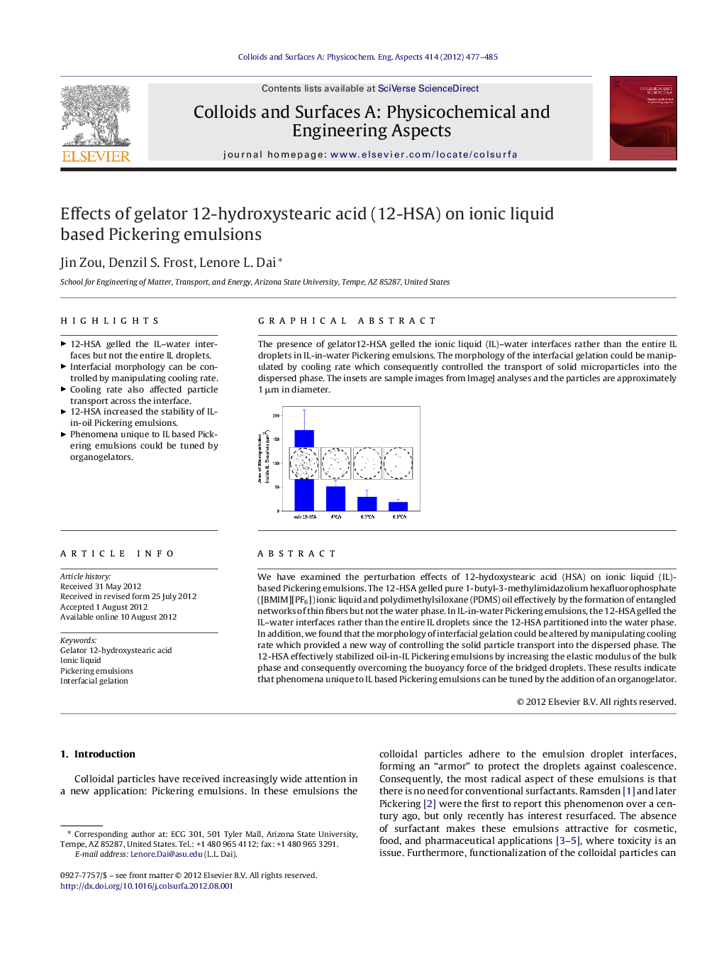 Effects of gelator 12-hydroxystearic acid (12-HSA) on ionic liquid based Pickering emulsions