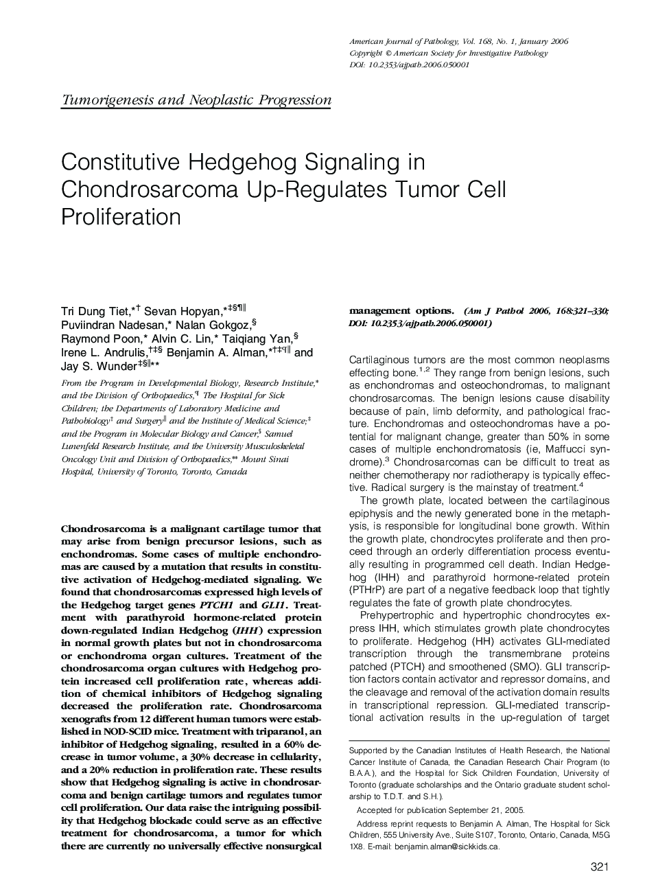Constitutive Hedgehog Signaling in Chondrosarcoma Up-Regulates Tumor Cell Proliferation
