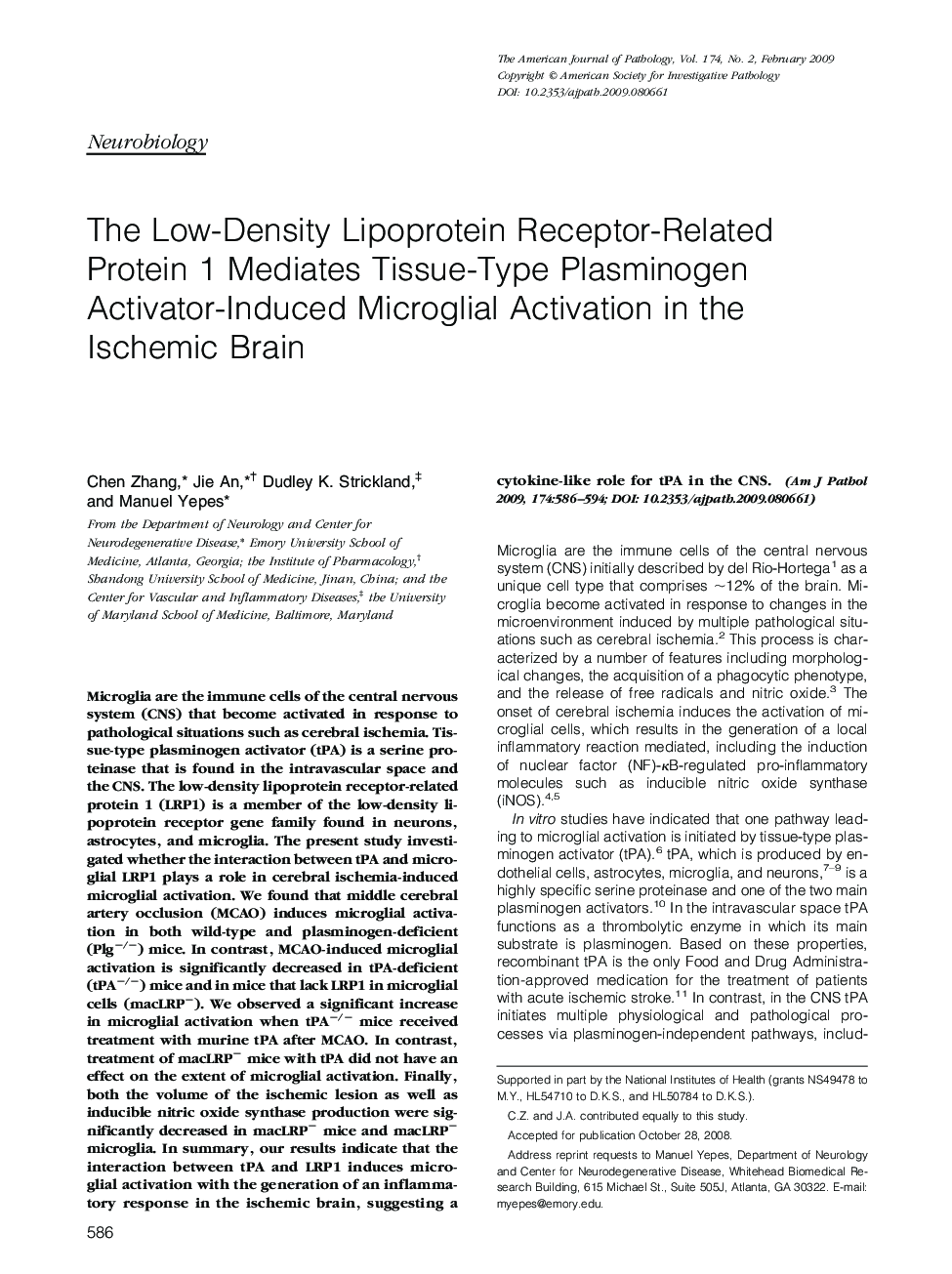 The Low-Density Lipoprotein Receptor-Related Protein 1 Mediates Tissue-Type Plasminogen Activator-Induced Microglial Activation in the Ischemic Brain