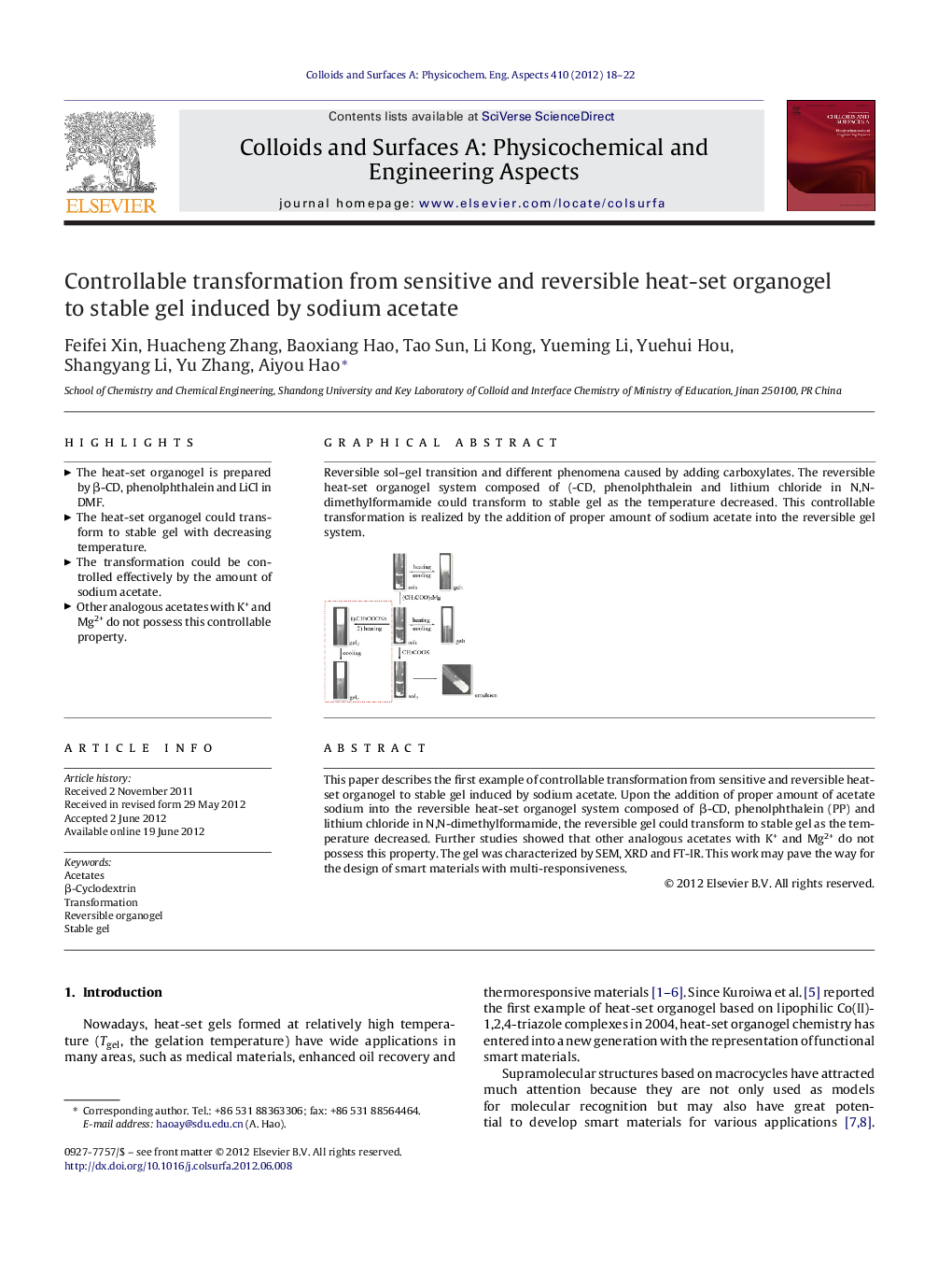 Controllable transformation from sensitive and reversible heat-set organogel to stable gel induced by sodium acetate