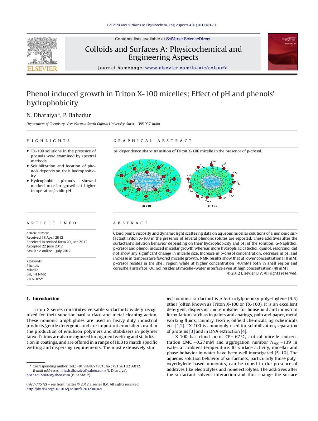 Phenol induced growth in Triton X-100 micelles: Effect of pH and phenols’ hydrophobicity