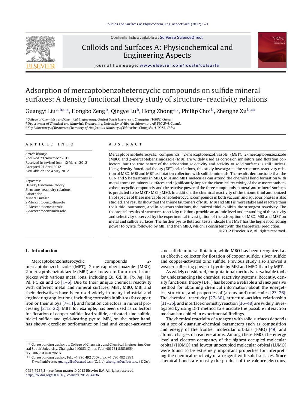 Adsorption of mercaptobenzoheterocyclic compounds on sulfide mineral surfaces: A density functional theory study of structure–reactivity relations