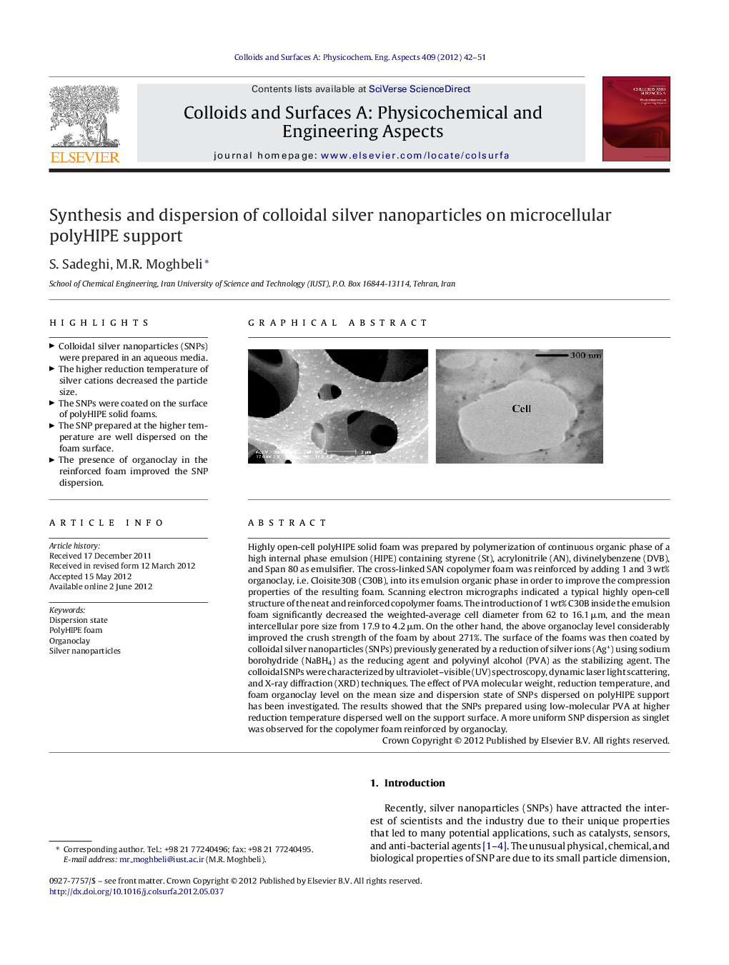 Synthesis and dispersion of colloidal silver nanoparticles on microcellular polyHIPE support