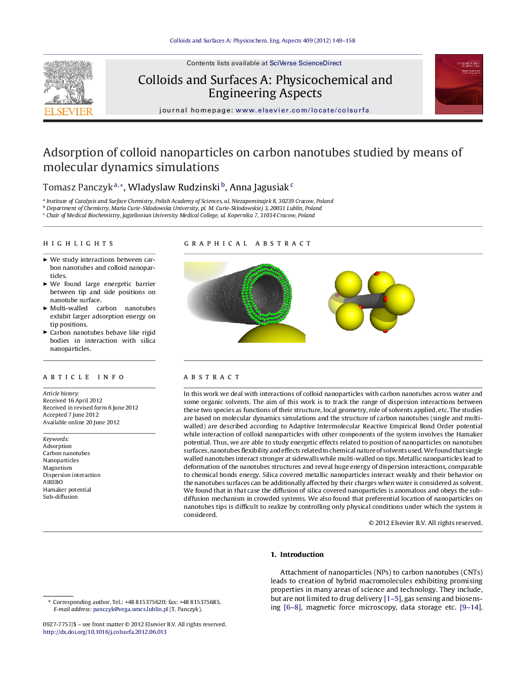 Adsorption of colloid nanoparticles on carbon nanotubes studied by means of molecular dynamics simulations