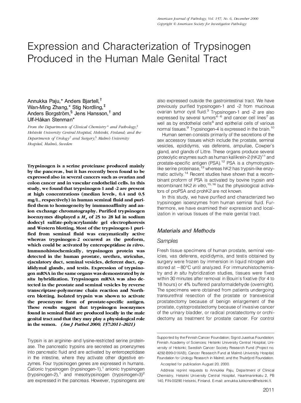 Expression and Characterization of Trypsinogen Produced in the Human Male Genital Tract