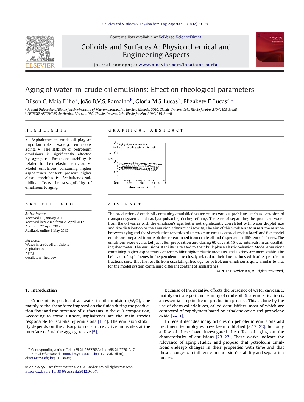 Aging of water-in-crude oil emulsions: Effect on rheological parameters