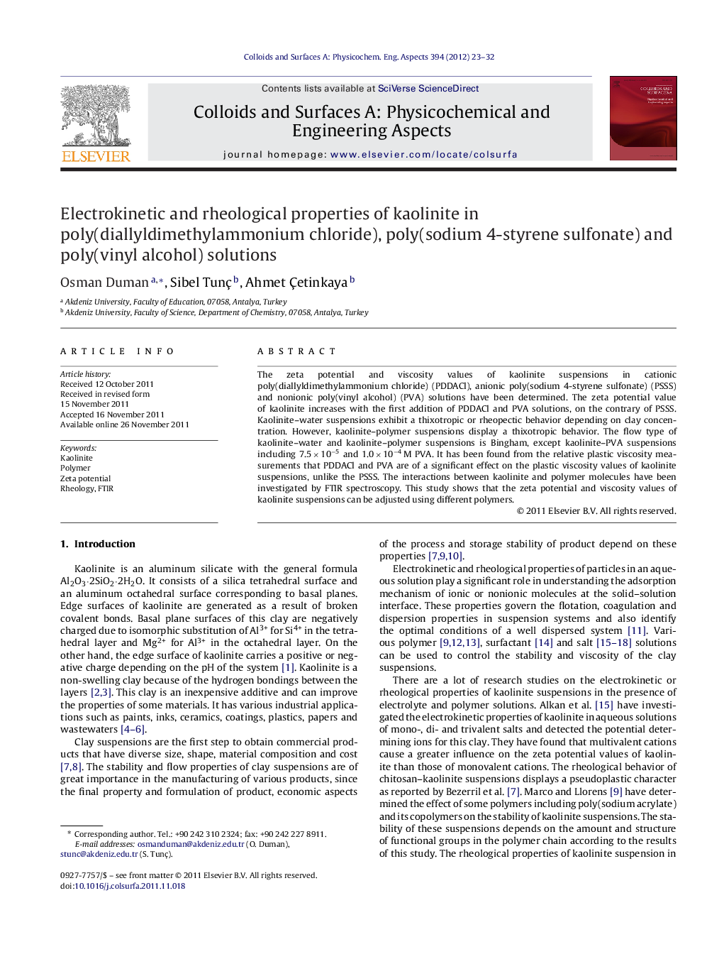 عکس صفحه اول مقاله: Electrokinetic and rheological properties of kaolinite in poly(diallyldimethylammonium chloride), poly(sodium 4-styrene sulfonate) and poly(vinyl alcohol) solutions Electrokinetic and rheological properties of kaolinite in poly(diallyldimethylammonium chloride), poly(sodium 4-styrene sulfonate) and poly(vinyl alcohol) solutions