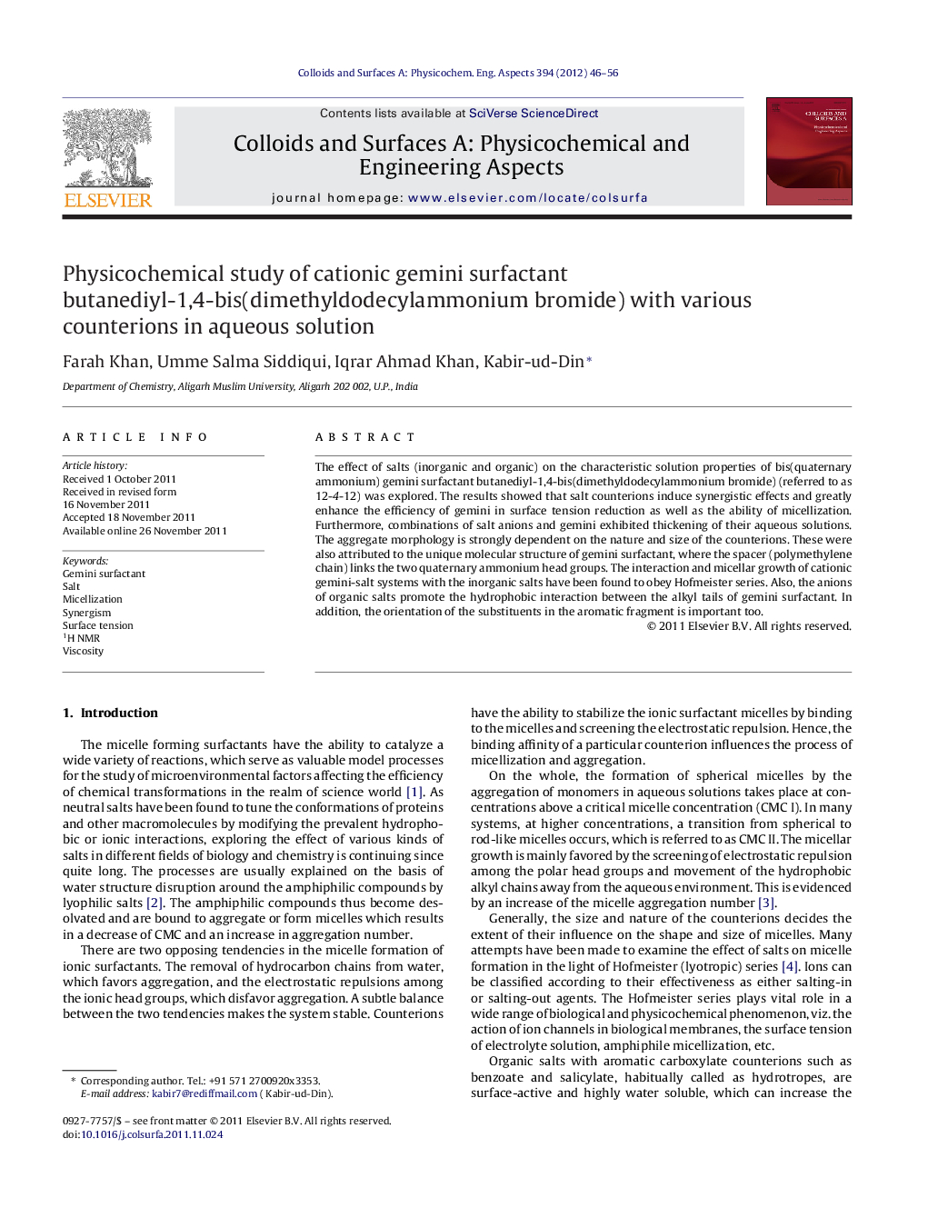 Physicochemical study of cationic gemini surfactant butanediyl-1,4-bis(dimethyldodecylammonium bromide) with various counterions in aqueous solution