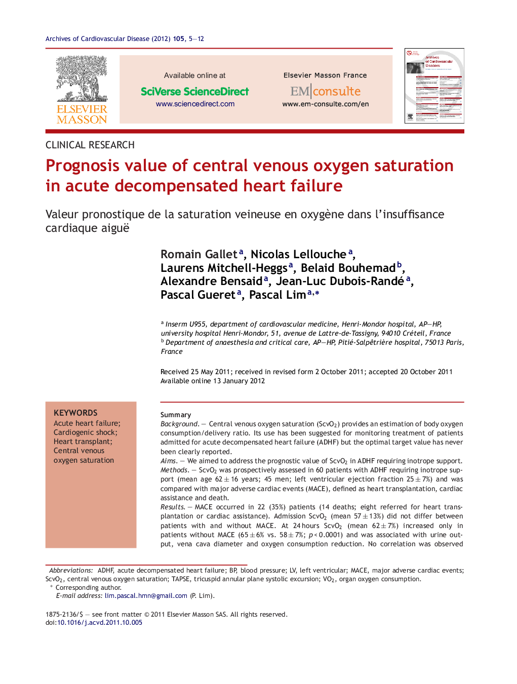 Prognosis value of central venous oxygen saturation in acute decompensated heart failure