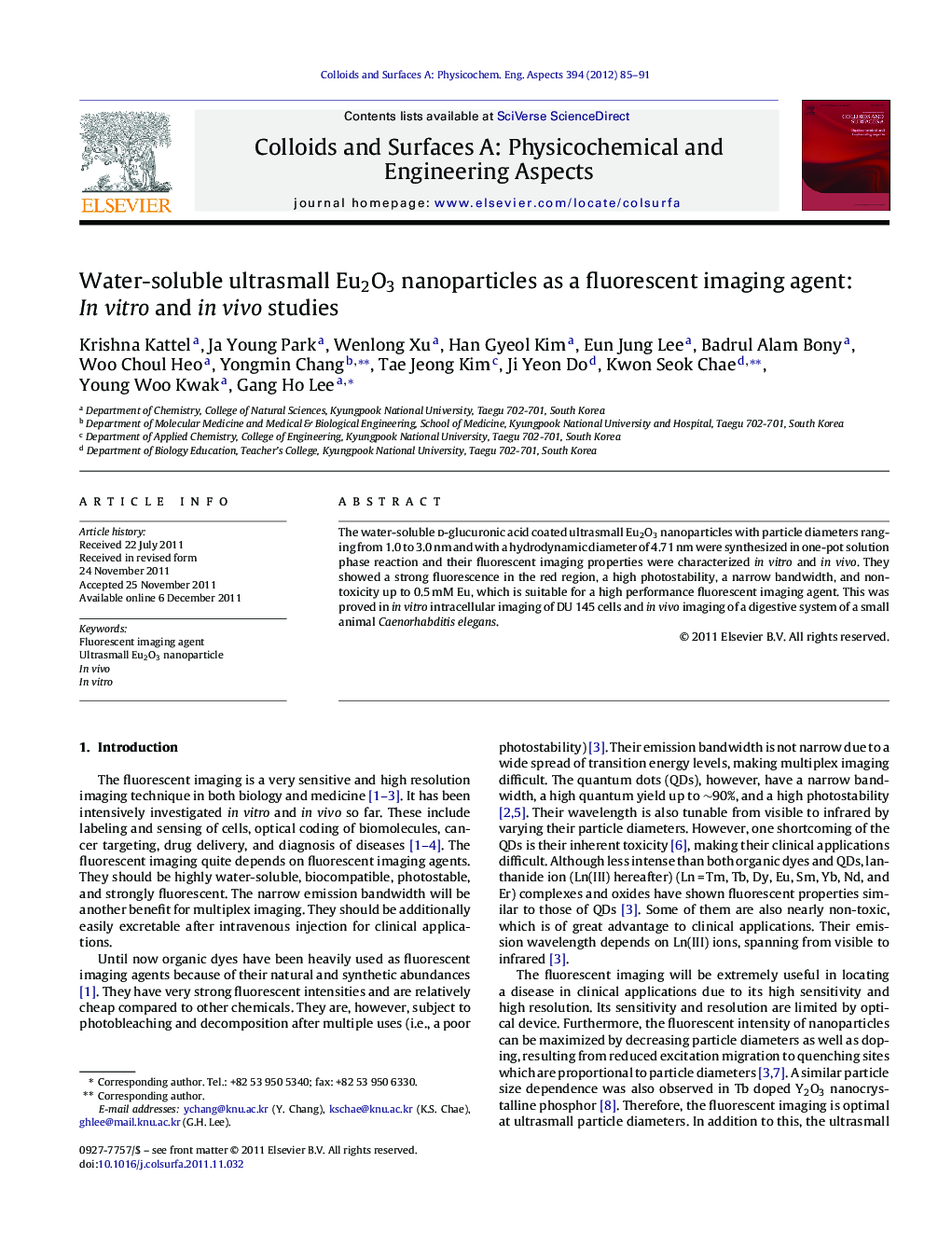 Water-soluble ultrasmall Eu2O3 nanoparticles as a fluorescent imaging agent: In vitro and in vivo studies