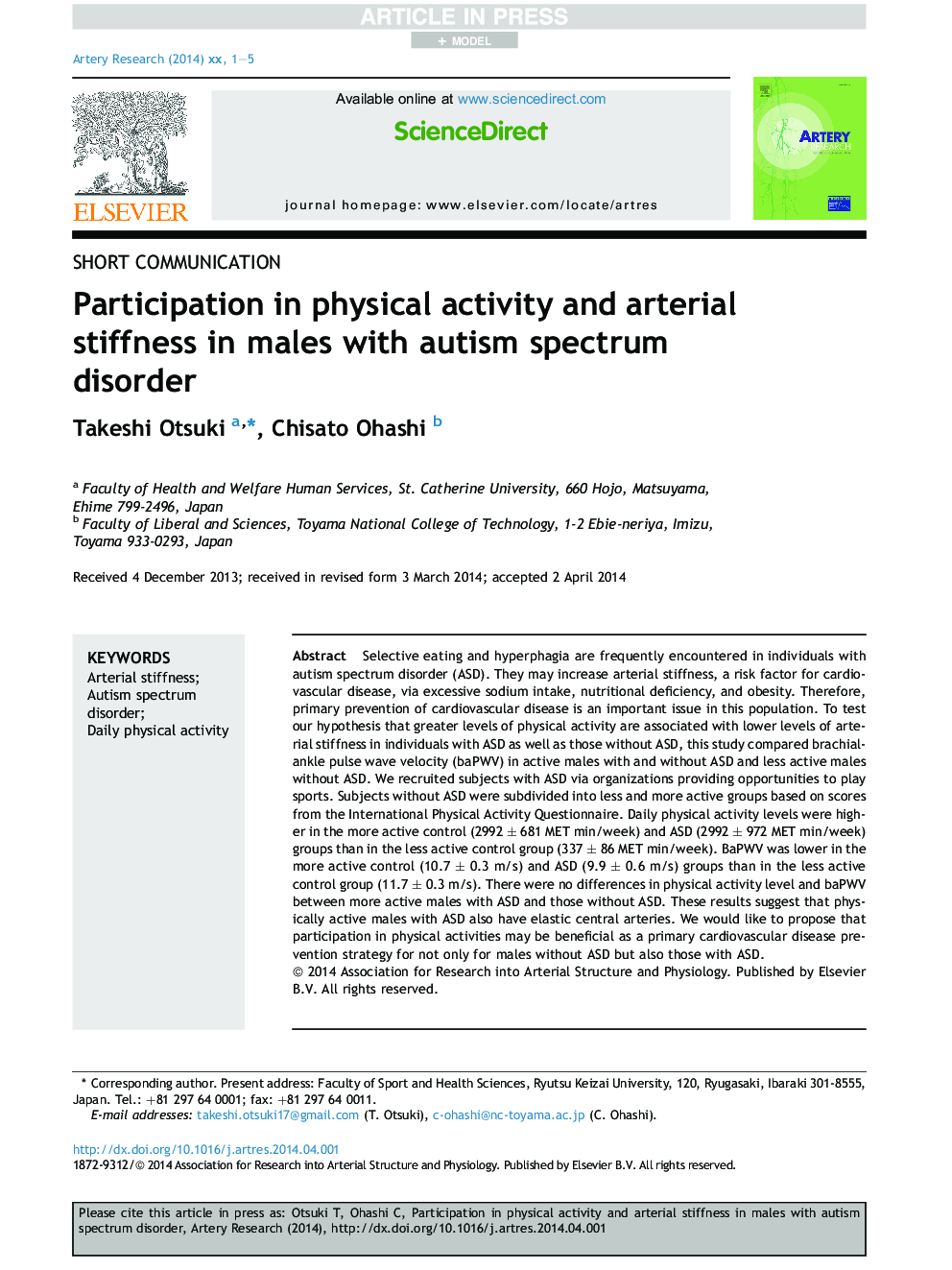 Participation in physical activity and arterial stiffness in males with autism spectrum disorder