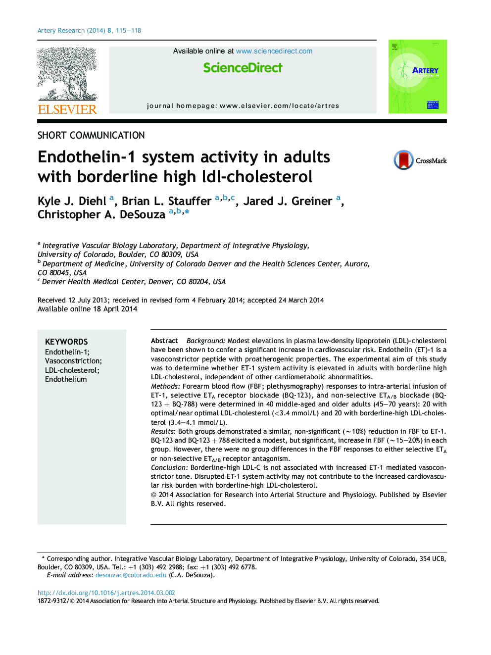 Endothelin-1 system activity in adults with borderline high ldl-cholesterol