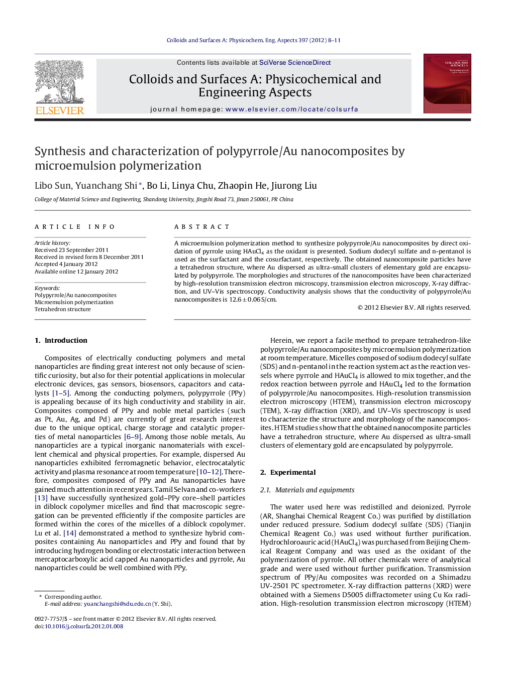 Synthesis and characterization of polypyrrole/Au nanocomposites by microemulsion polymerization