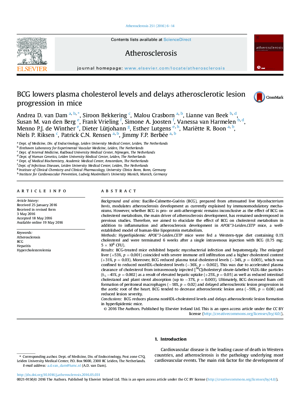 BCG lowers plasma cholesterol levels and delays atherosclerotic lesion progression in mice