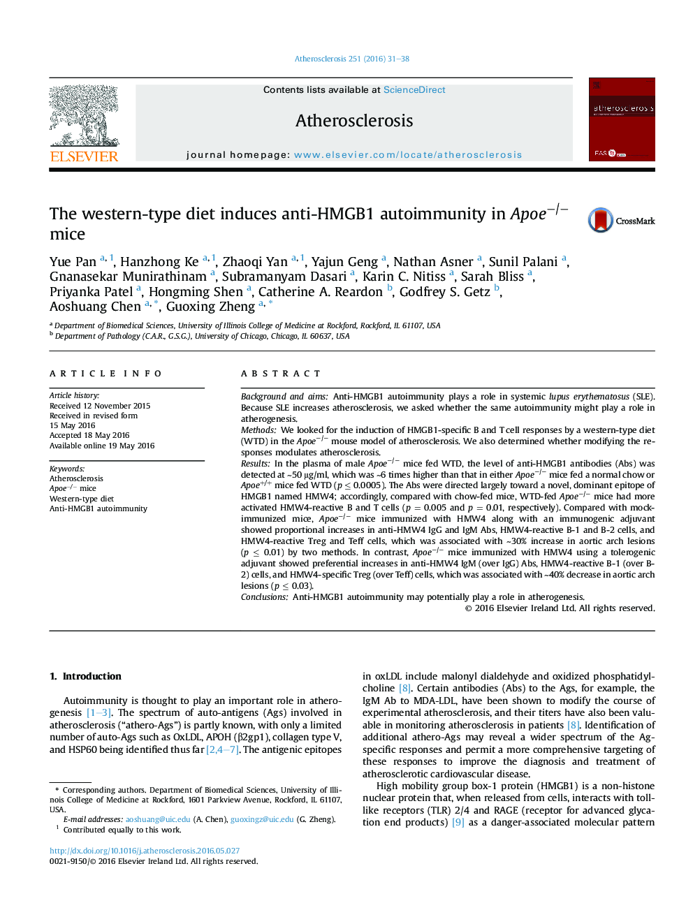 The western-type diet induces anti-HMGB1 autoimmunity in Apoeâ/â mice