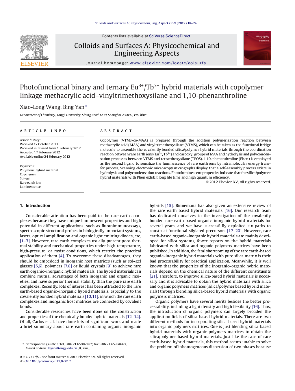 عکس صفحه اول مقاله: Photofunctional binary and ternary Eu3+/Tb3+ hybrid materials with copolymer linkage methacrylic acid–vinyltrimethoxysilane and 1,10-phenanthroline Photofunctional binary and ternary Eu3+/Tb3+ hybrid materials with copolymer linkage methacrylic acid–vinyltrimethoxysilane and 1,10-phenanthroline