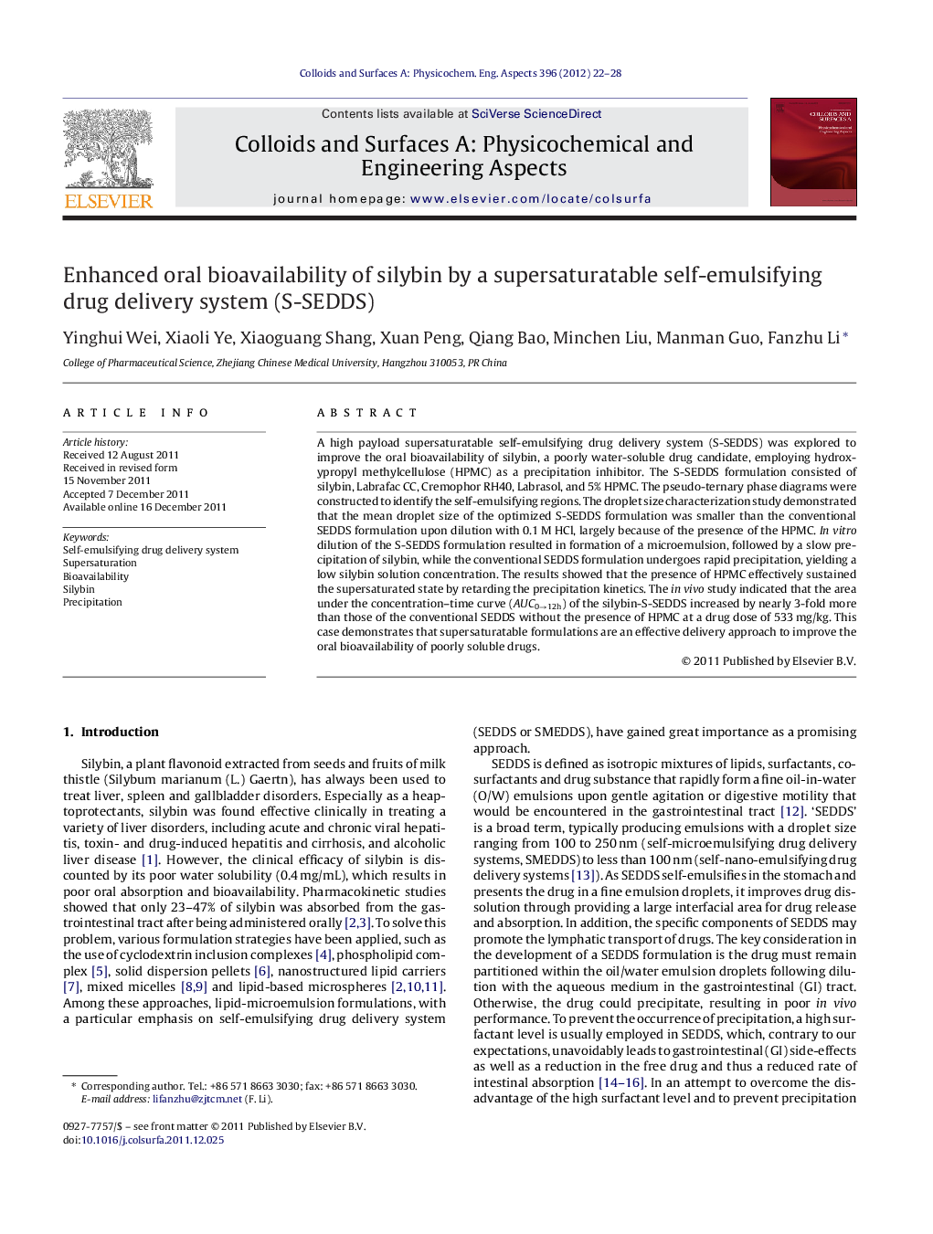 عکس صفحه اول مقاله: Enhanced oral bioavailability of silybin by a supersaturatable self-emulsifying drug delivery system (S-SEDDS) Enhanced oral bioavailability of silybin by a supersaturatable self-emulsifying drug delivery system (S-SEDDS)