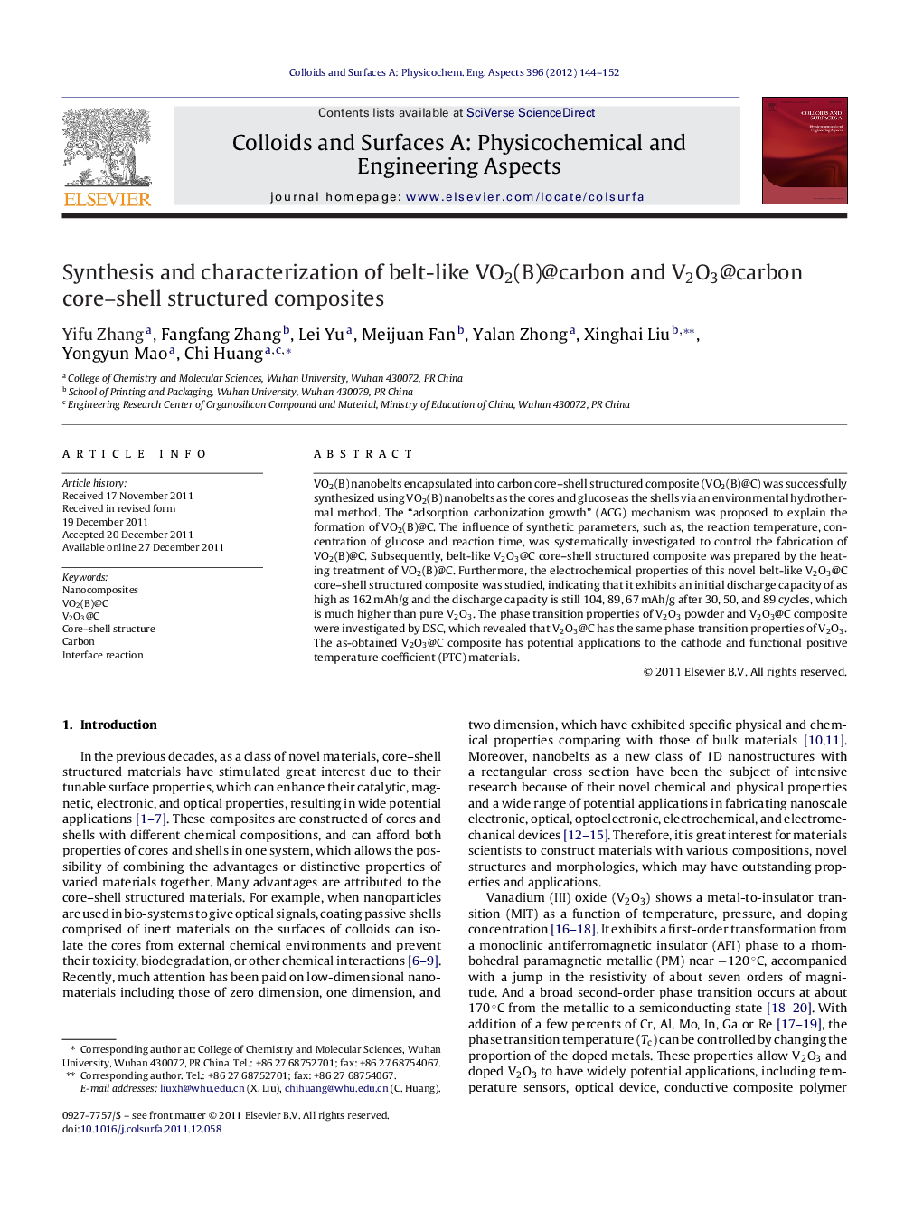 Synthesis and characterization of belt-like VO2(B)@carbon and V2O3@carbon core–shell structured composites