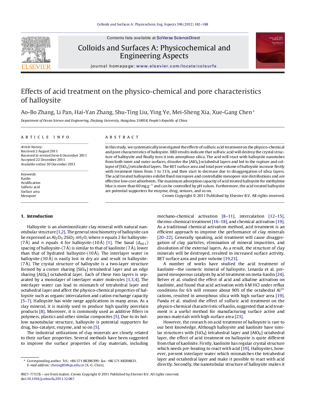 Effects of acid treatment on the physico-chemical and pore characteristics of halloysite