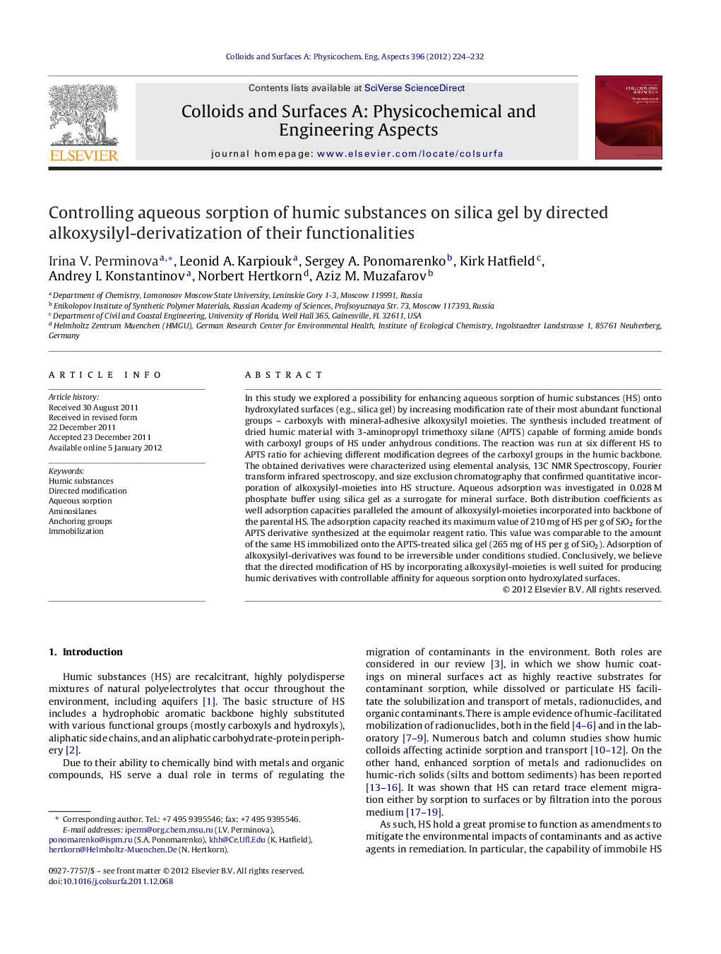 Controlling aqueous sorption of humic substances on silica gel by directed alkoxysilyl-derivatization of their functionalities