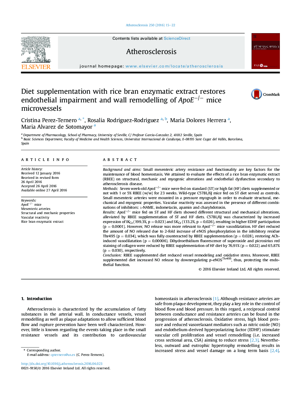 Diet supplementation with rice bran enzymatic extract restores endothelial impairment and wall remodelling of ApoEâ/â mice microvessels