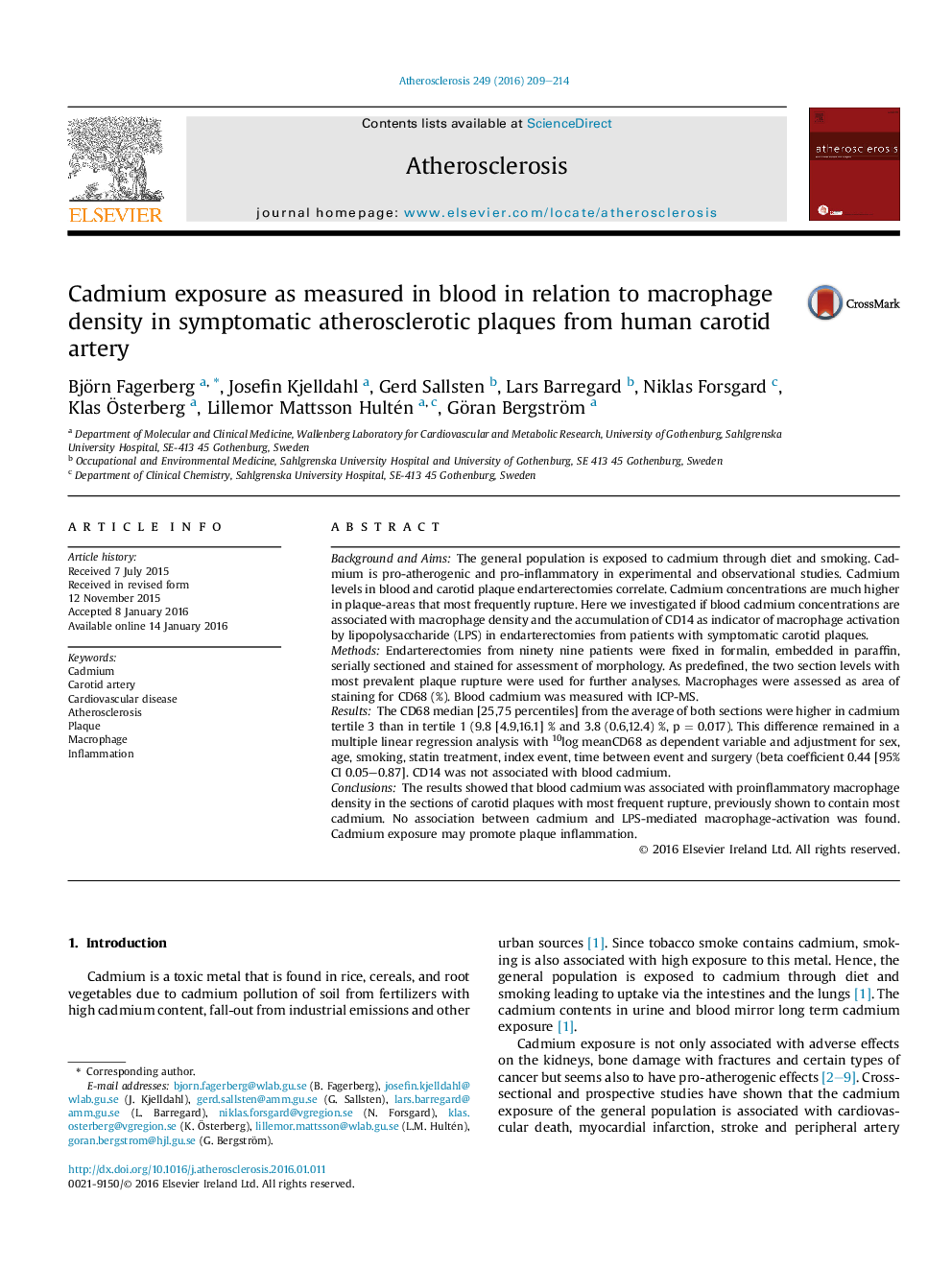 Cadmium exposure as measured in blood in relation to macrophage density in symptomatic atherosclerotic plaques from human carotid artery