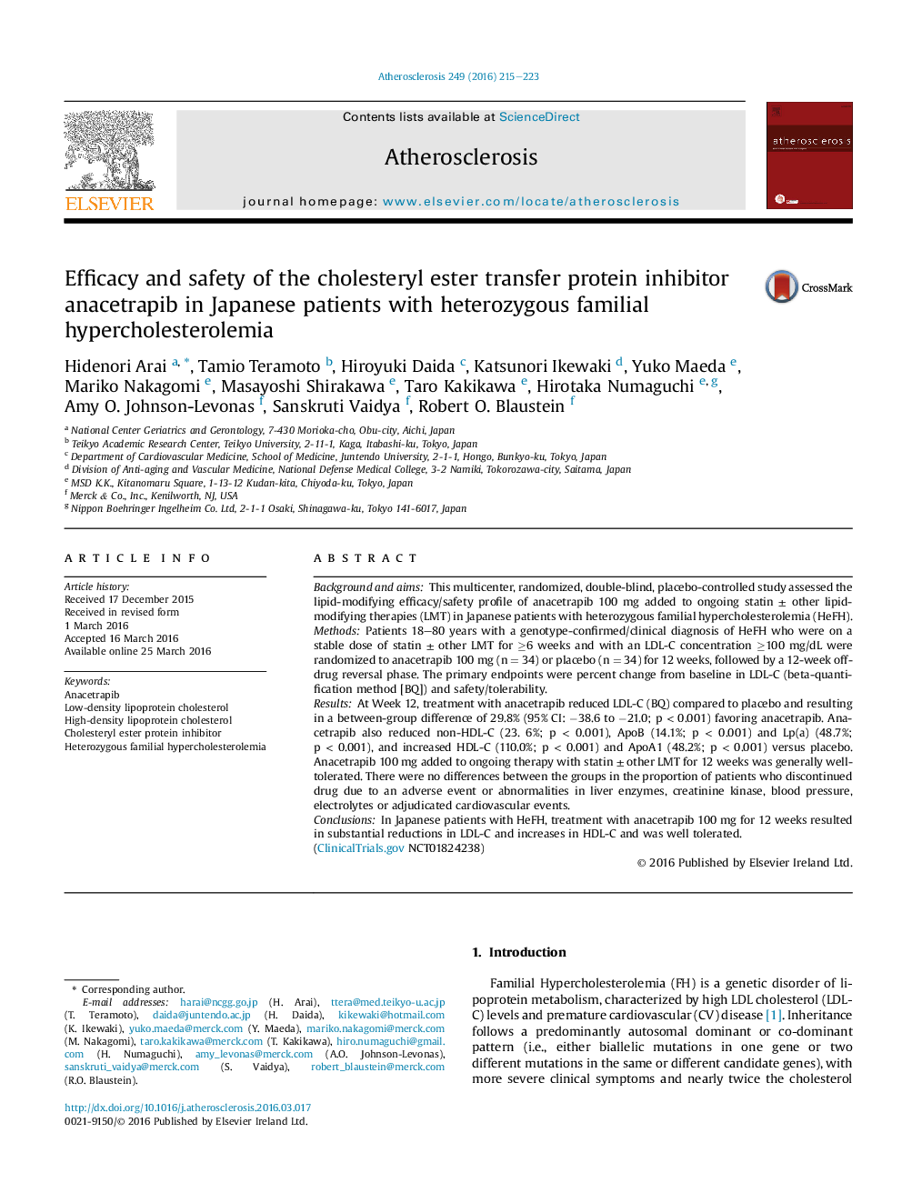 Efficacy and safety of the cholesteryl ester transfer protein inhibitor anacetrapib in Japanese patients with heterozygous familial hypercholesterolemia