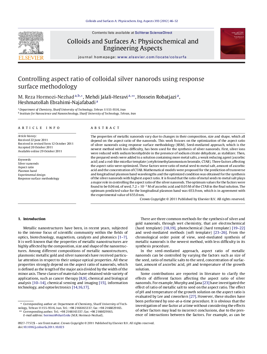 Controlling aspect ratio of colloidal silver nanorods using response surface methodology