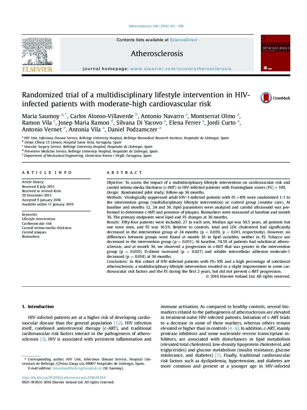 Randomized trial of a multidisciplinary lifestyle intervention in HIV-infected patients with moderate-high cardiovascular risk