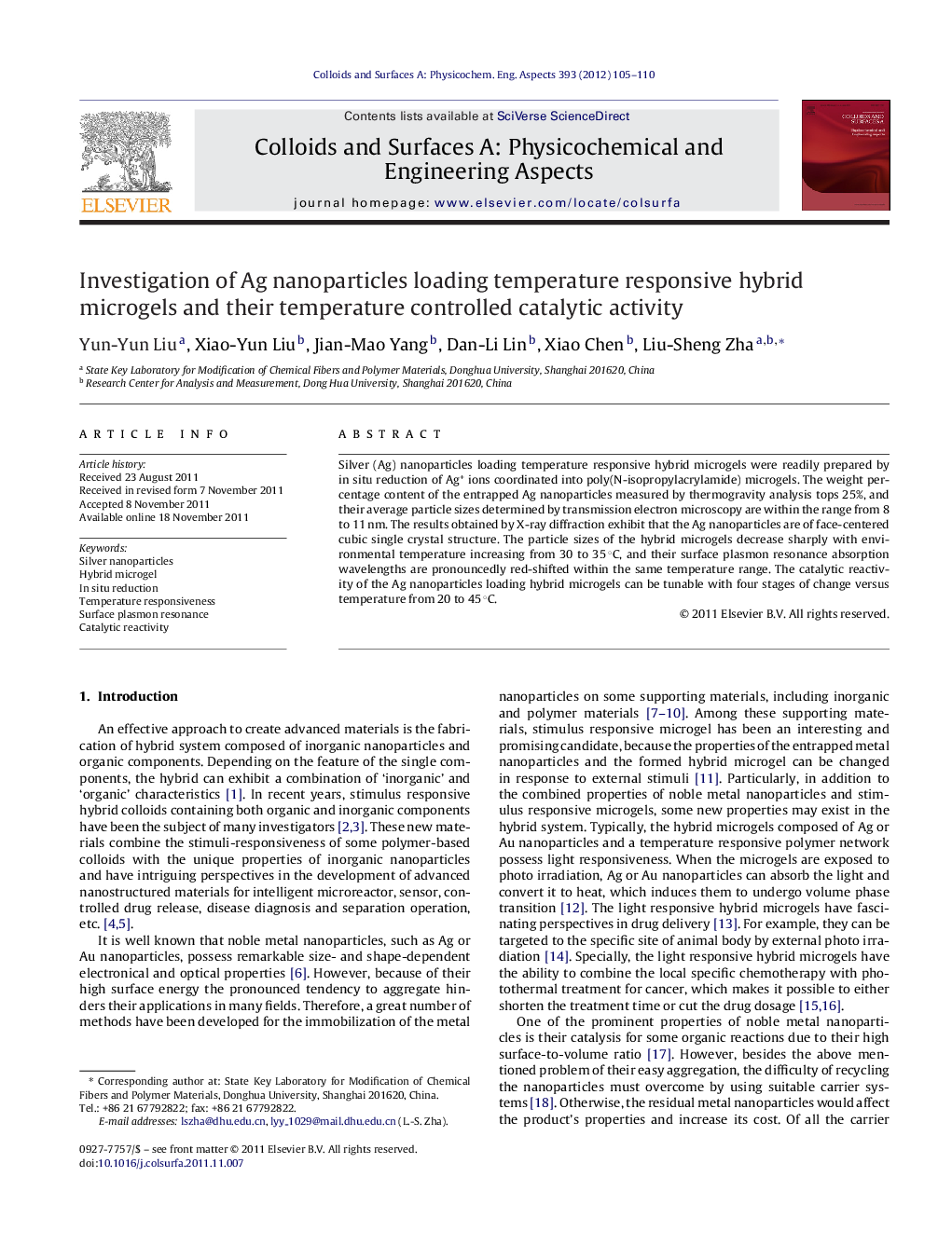 Investigation of Ag nanoparticles loading temperature responsive hybrid microgels and their temperature controlled catalytic activity