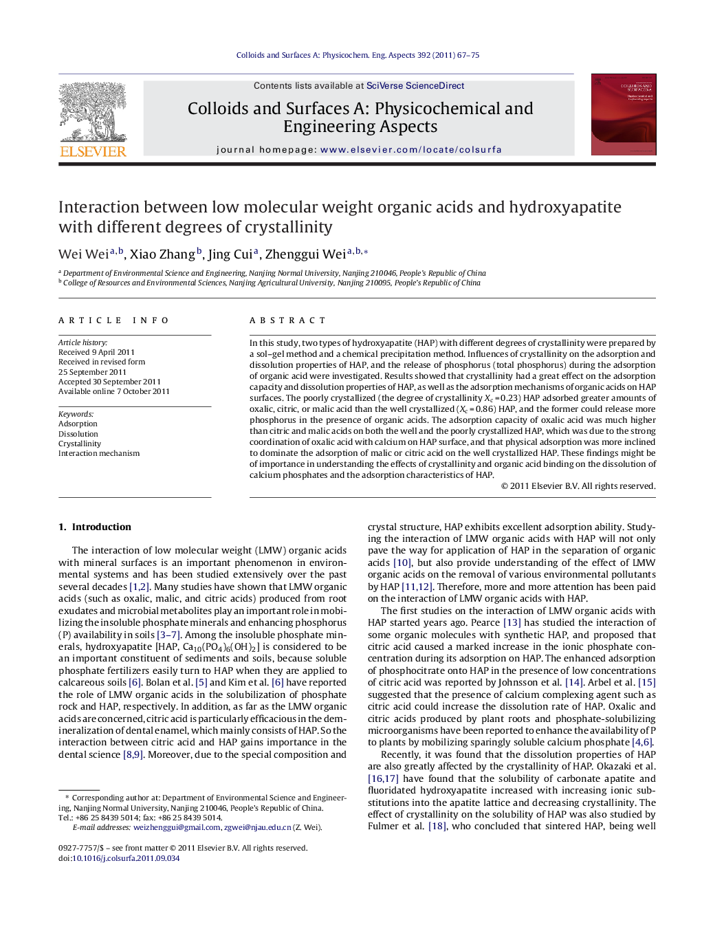 Interaction between low molecular weight organic acids and hydroxyapatite with different degrees of crystallinity