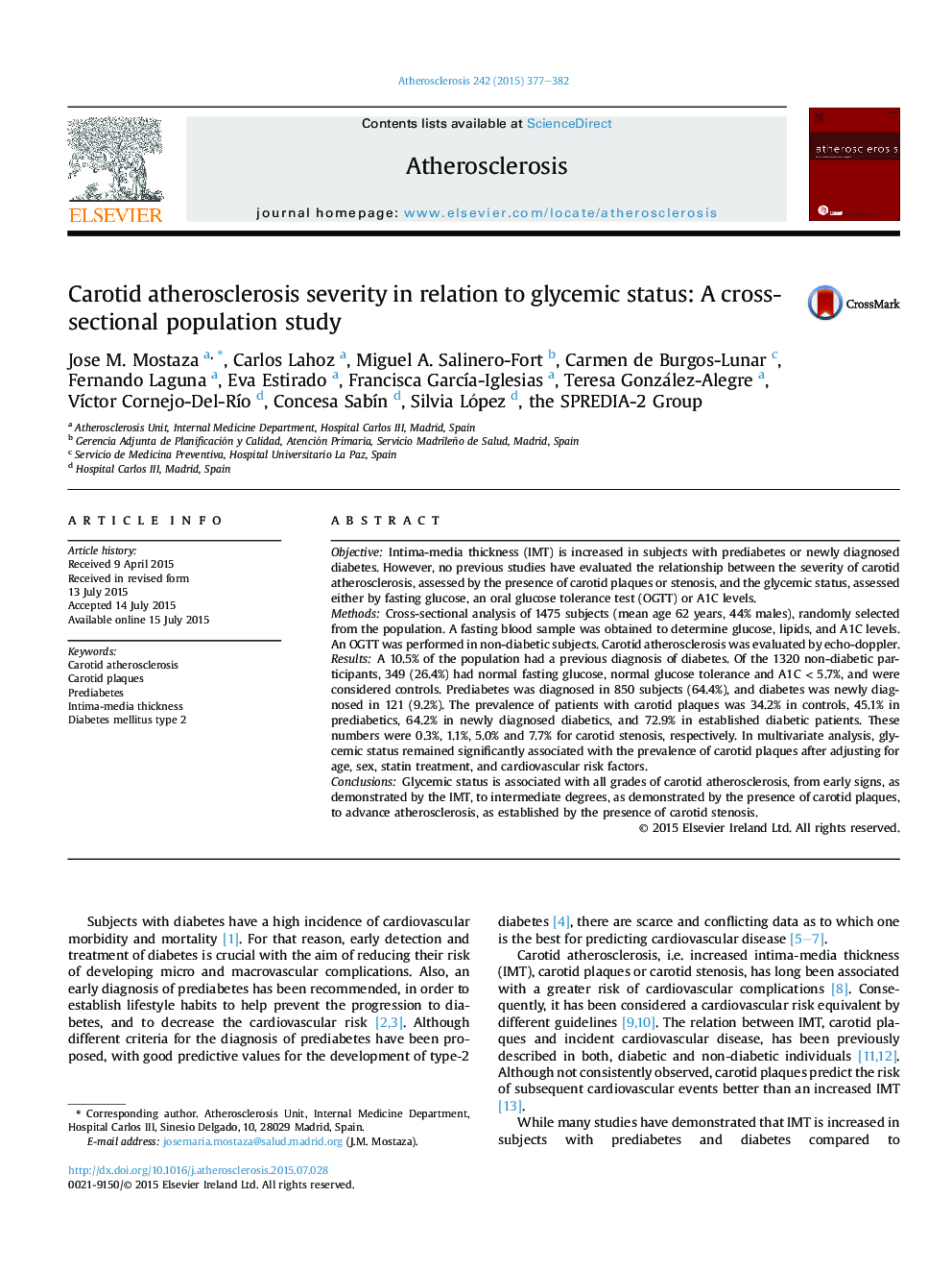 Carotid atherosclerosis severity in relation to glycemic status: A cross-sectional population study