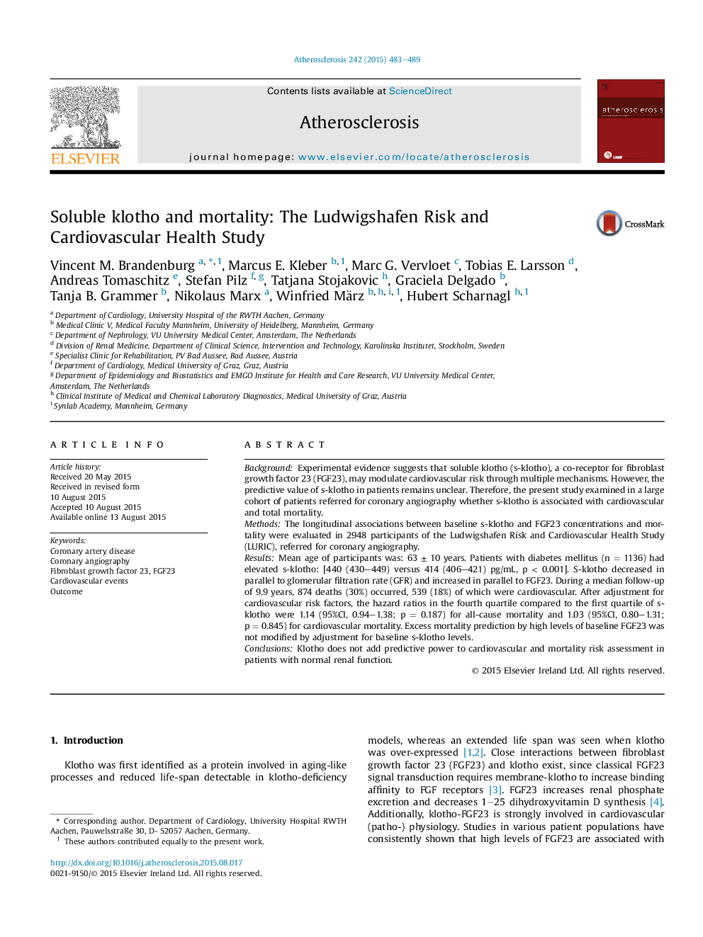 Soluble klotho and mortality: The Ludwigshafen Risk and Cardiovascular Health Study