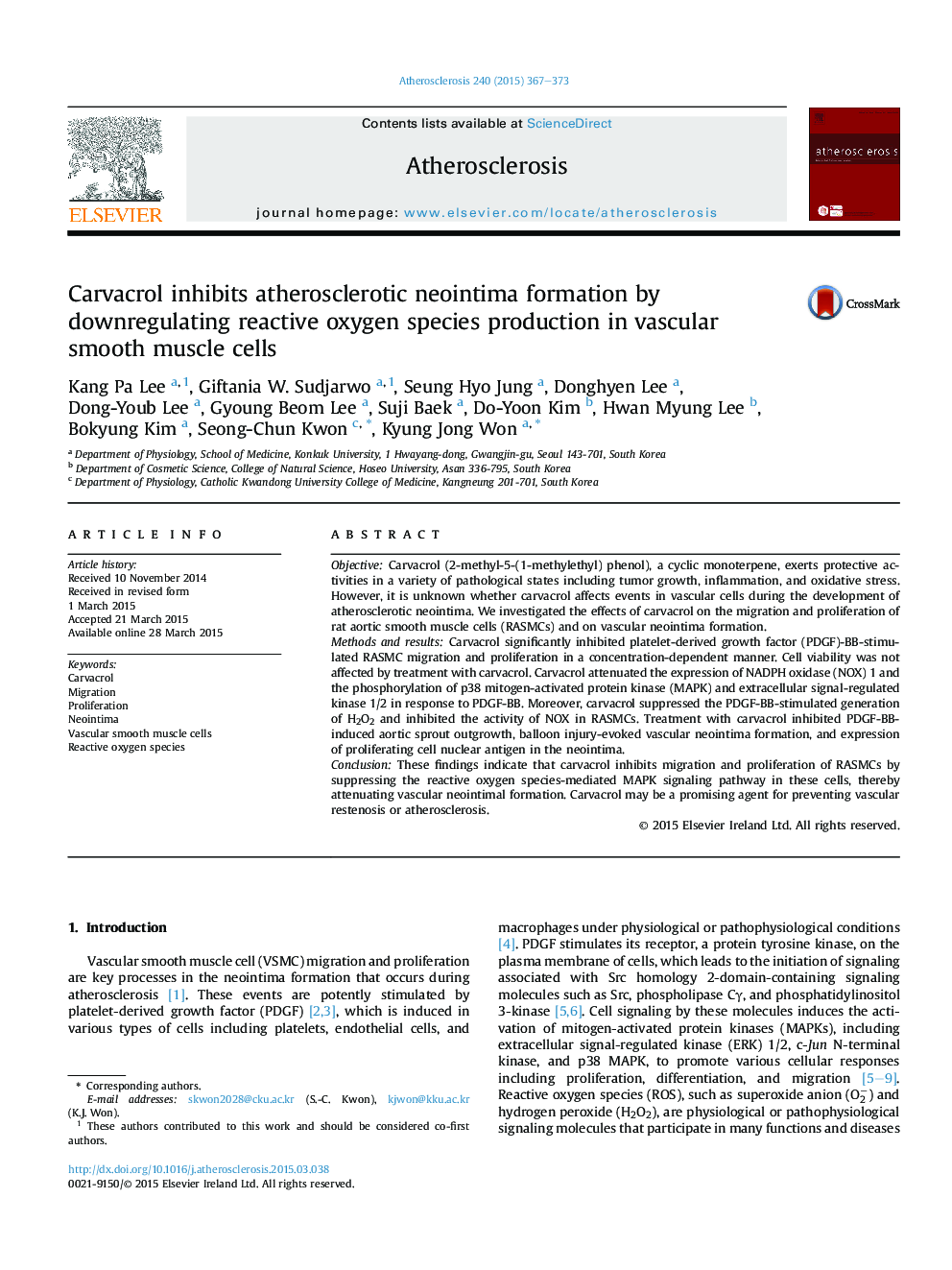 Carvacrol inhibits atherosclerotic neointima formation by downregulating reactive oxygen species production in vascular smooth muscle cells