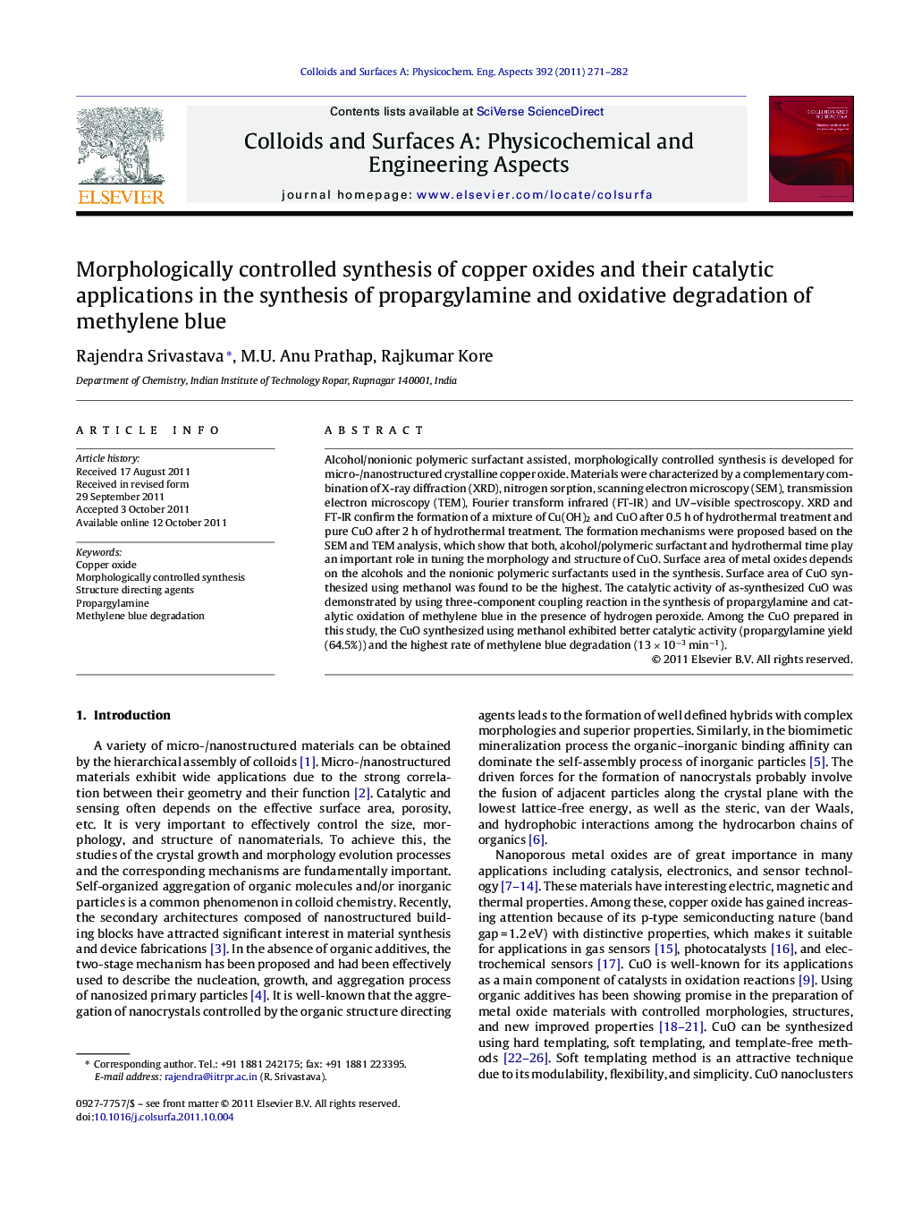 Morphologically controlled synthesis of copper oxides and their catalytic applications in the synthesis of propargylamine and oxidative degradation of methylene blue