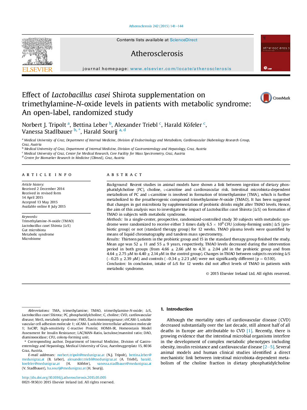 Effect of Lactobacillus casei Shirota supplementation on trimethylamine-N-oxide levels in patients with metabolic syndrome: An open-label, randomized study