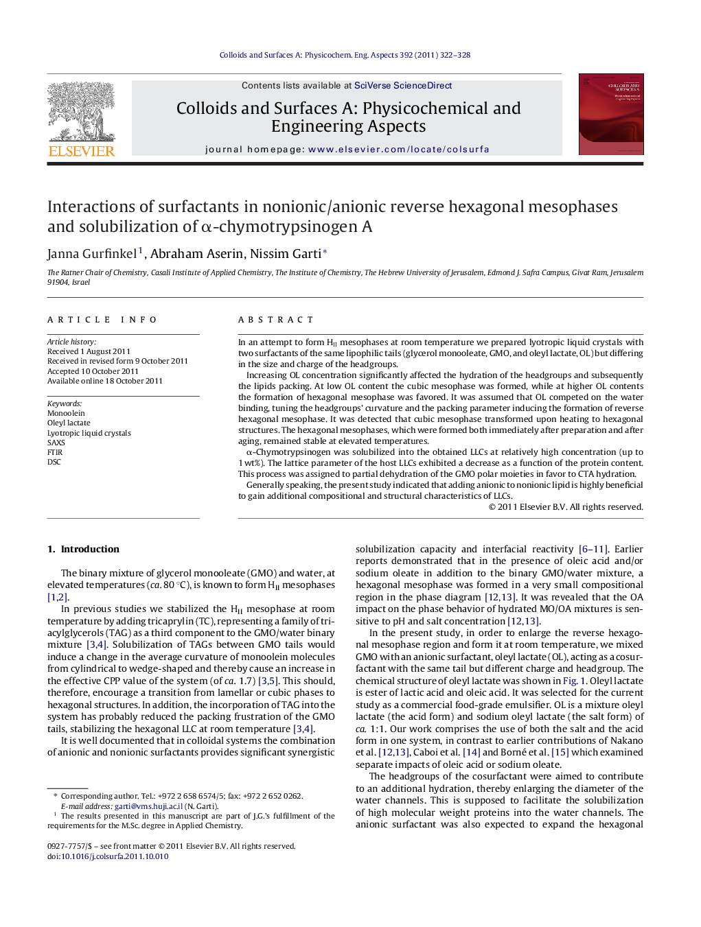 Interactions of surfactants in nonionic/anionic reverse hexagonal mesophases and solubilization of α-chymotrypsinogen A