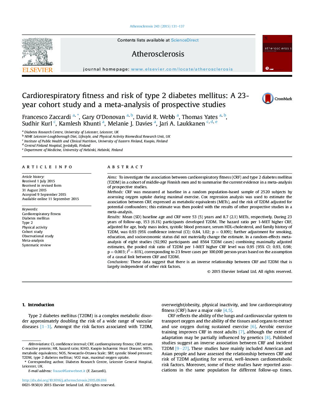 Cardiorespiratory fitness and risk of type 2 diabetes mellitus: A 23-year cohort study and a meta-analysis of prospective studies