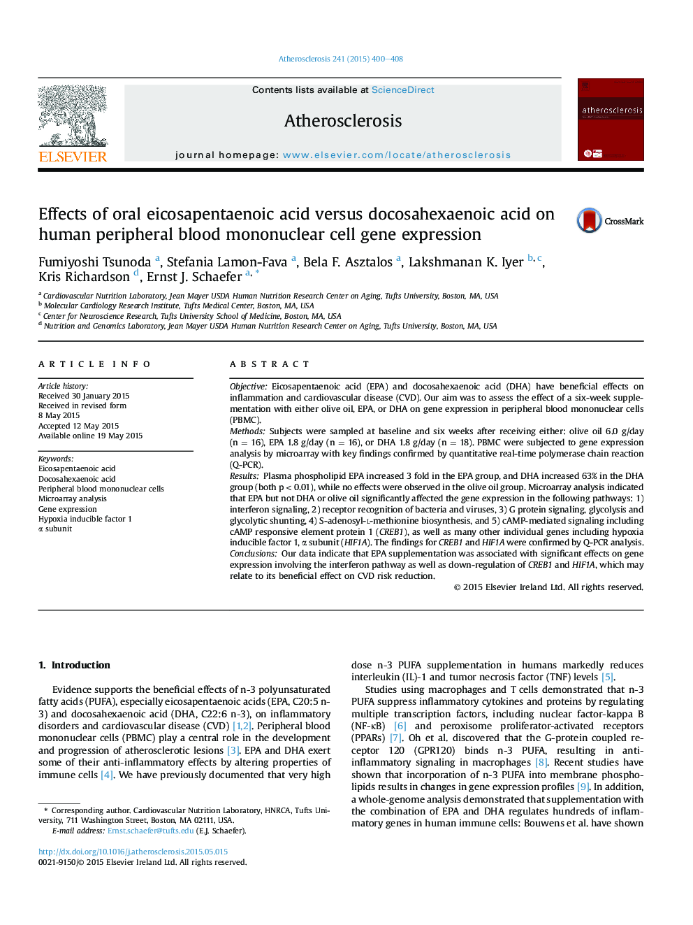 Effects of oral eicosapentaenoic acid versus docosahexaenoic acid on human peripheral blood mononuclear cell gene expression