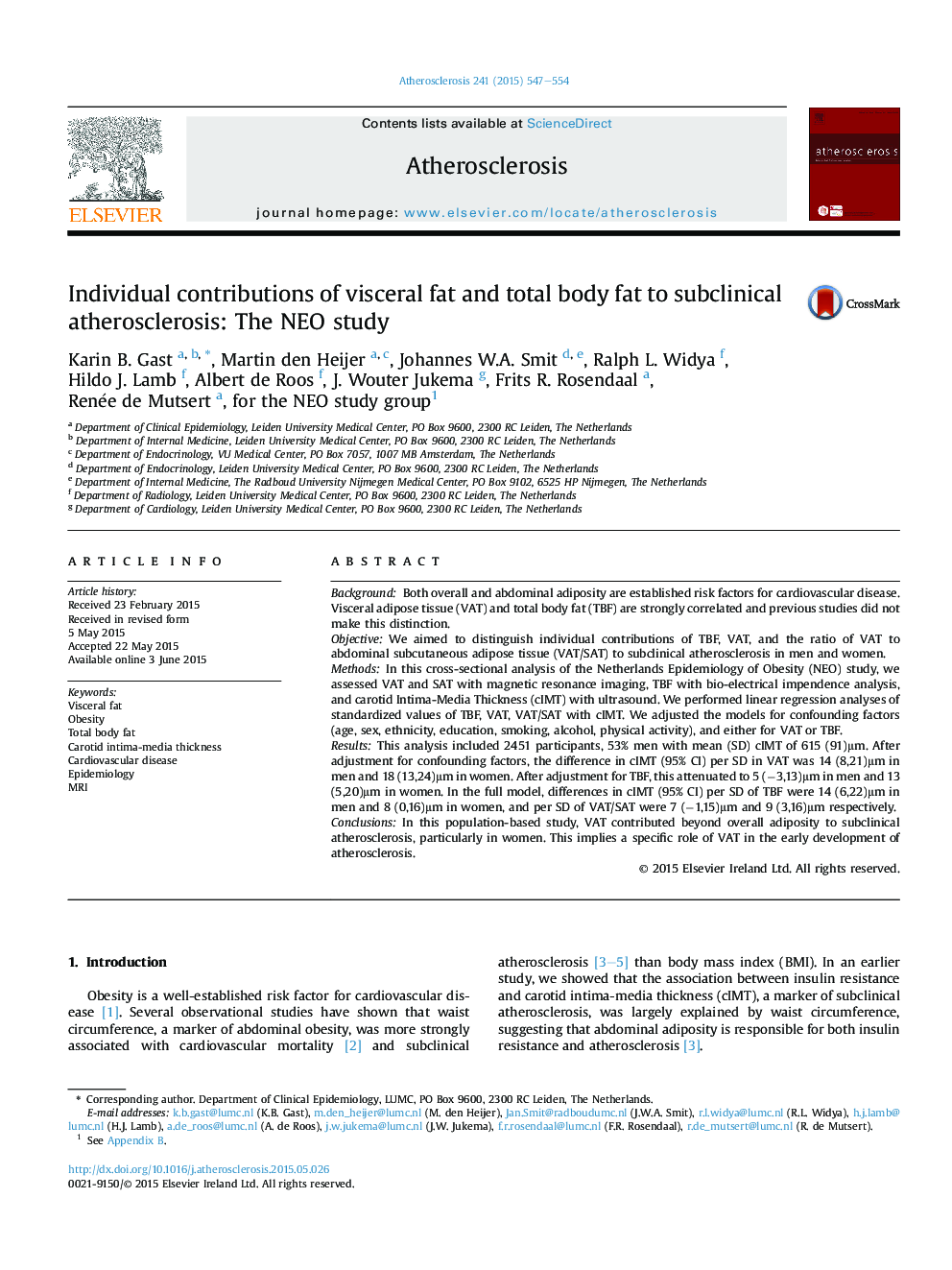 Individual contributions of visceral fat and total body fat to subclinical atherosclerosis: The NEO study