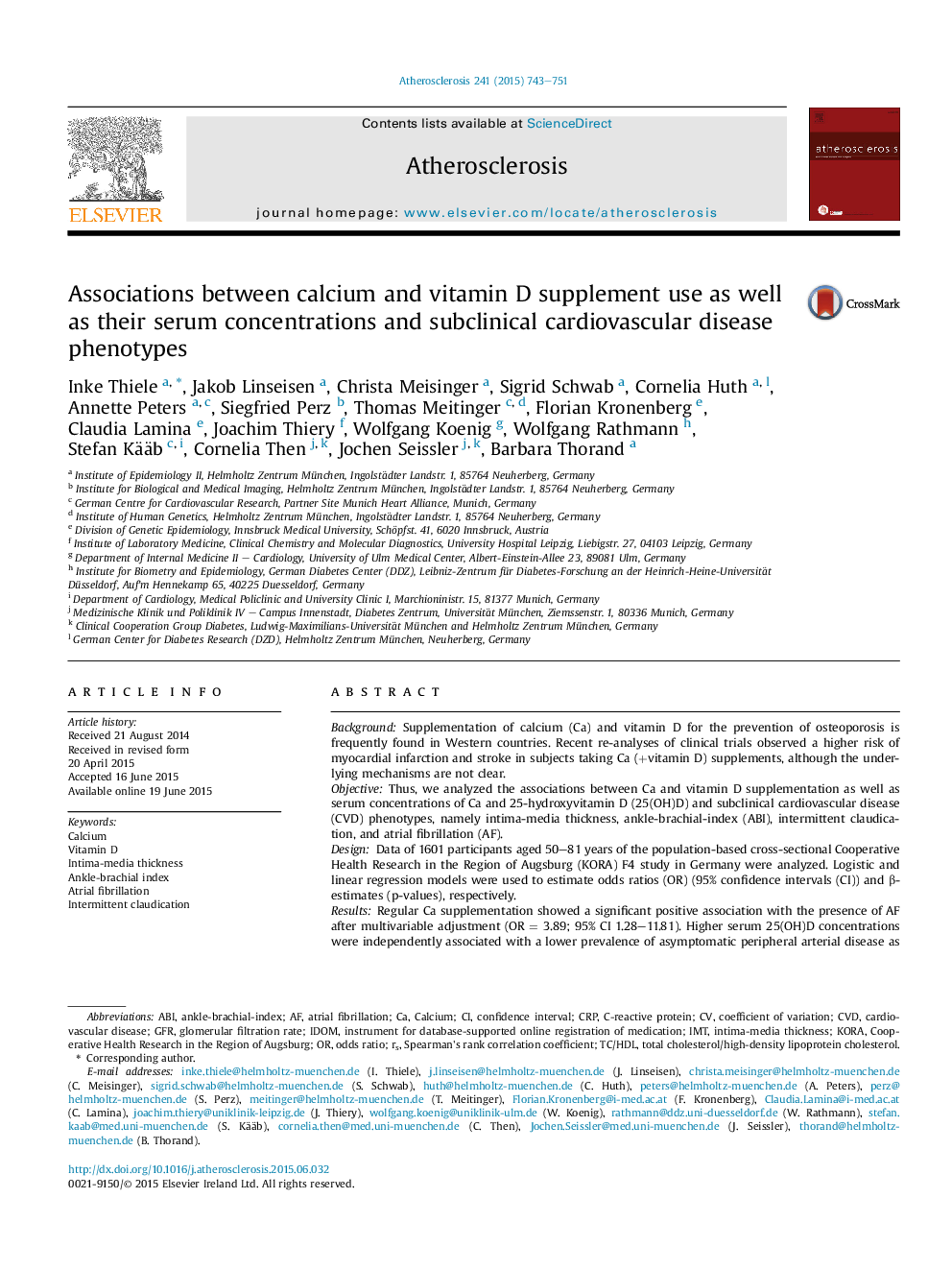 Associations between calcium and vitamin D supplement use as well as their serum concentrations and subclinical cardiovascular disease phenotypes